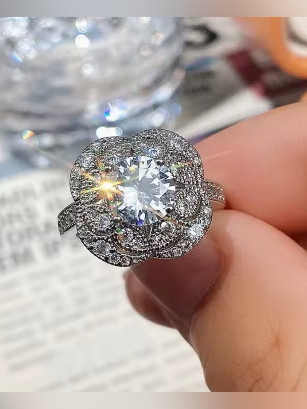 Sterling Silver Halo Flower Engagement Ring with Clear Center Stone - Picture 7 of 7